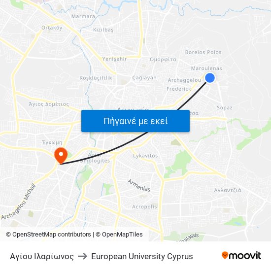 Αγίου Ιλαρίωνος to European University Cyprus map