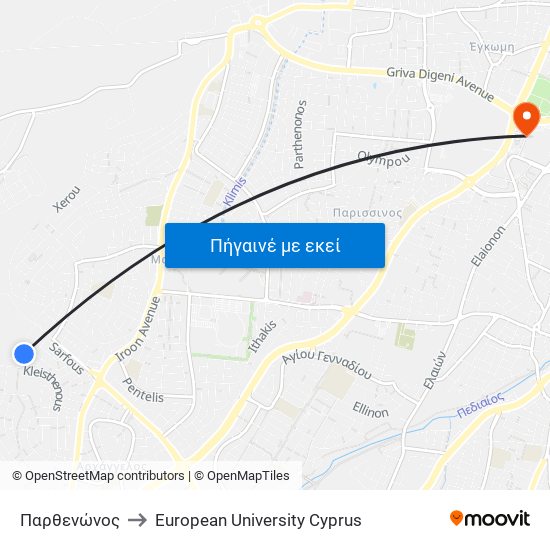 Παρθενώνος to European University Cyprus map