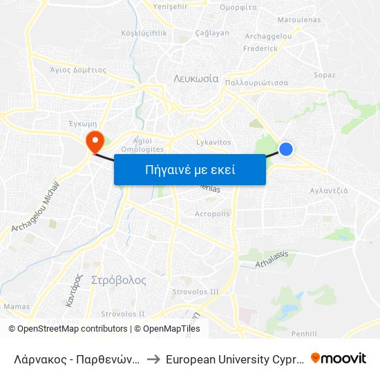 Λάρνακος - Παρθενώνος to European University Cyprus map