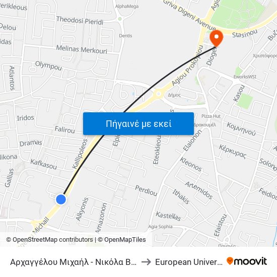 Αρχαγγέλου Μιχαήλ - Νικόλα Βασίλη Χατζηγιάννη to European University Cyprus map