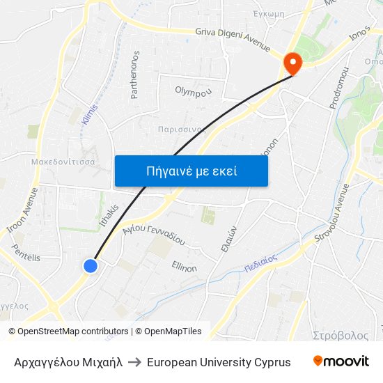 Αρχαγγέλου Μιχαήλ to European University Cyprus map