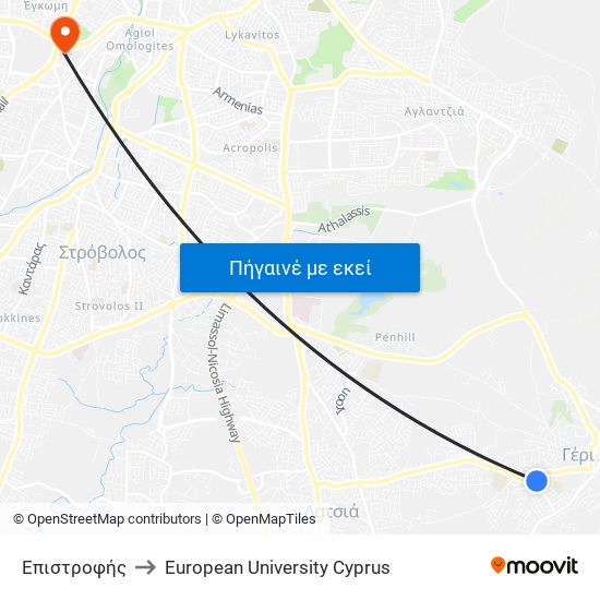 Επιστροφής to European University Cyprus map