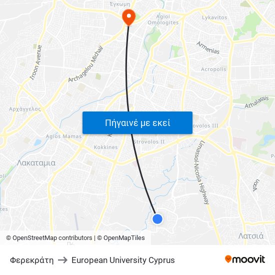Φερεκράτη to European University Cyprus map