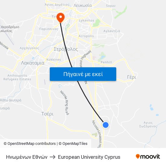 Ηνωμένων Εθνών to European University Cyprus map