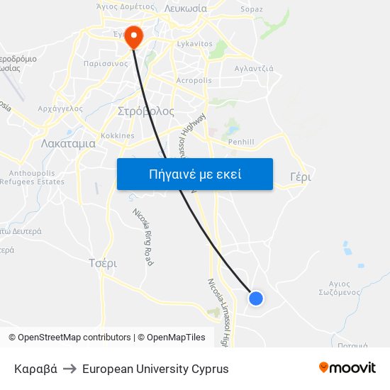 Καραβά to European University Cyprus map