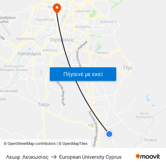 Λεωφ. Λευκωσίας to European University Cyprus map