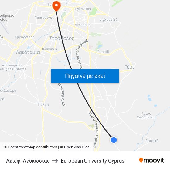 Λεωφ. Λευκωσίας to European University Cyprus map