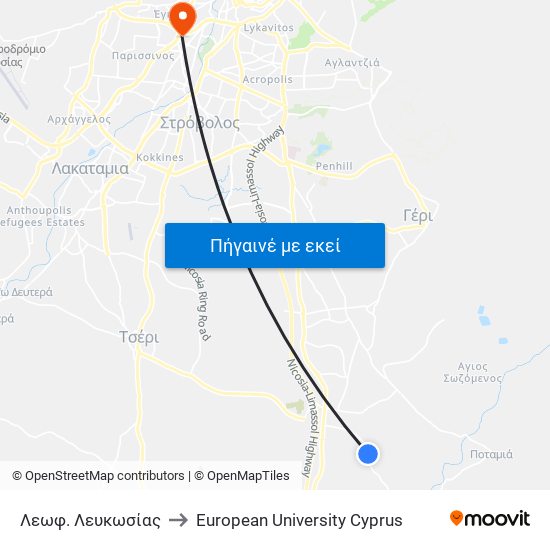 Λεωφ. Λευκωσίας to European University Cyprus map