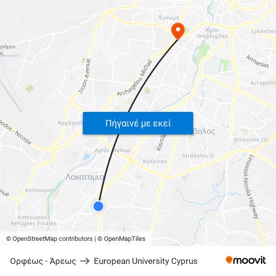 Ορφέως - Άρεως to European University Cyprus map