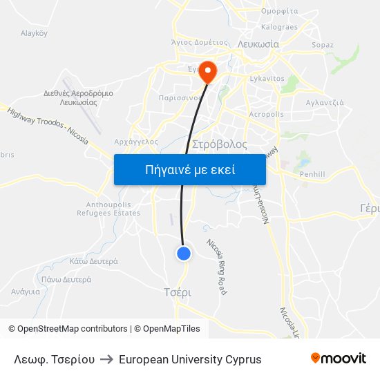 Λεωφ. Τσερίου to European University Cyprus map