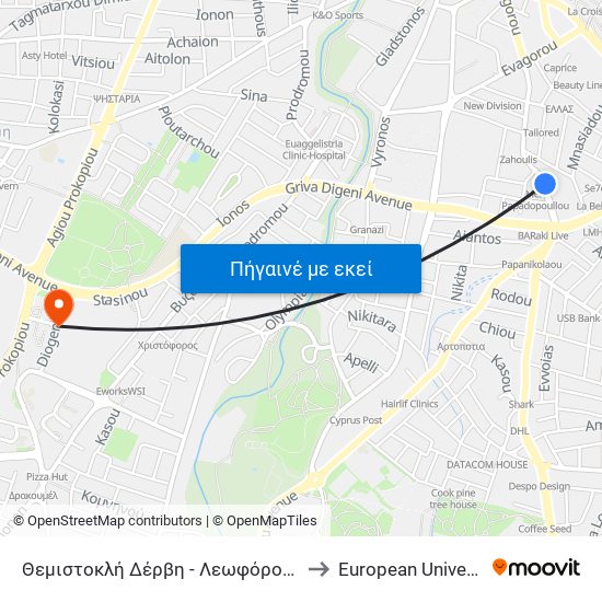 Θεμιστοκλή Δέρβη - Λεωφόρος Σπύρου Κυπριανού to European University Cyprus map