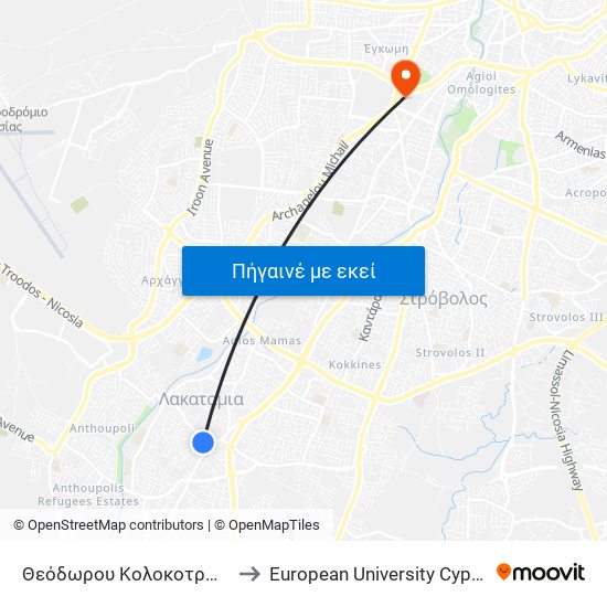 Θεόδωρου Κολοκοτρώνη to European University Cyprus map