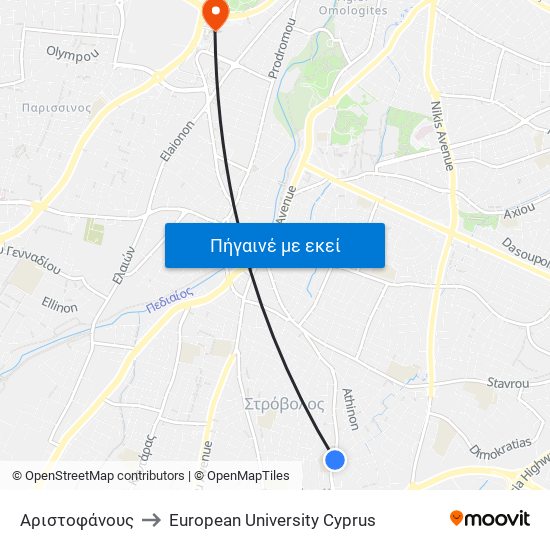 Αριστοφάνους to European University Cyprus map