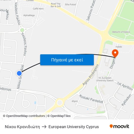 Νίκου Κρανιδιώτη to European University Cyprus map