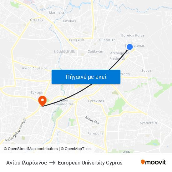 Αγίου Ιλαρίωνος to European University Cyprus map
