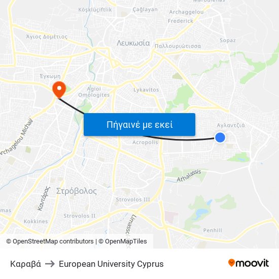 Καραβά to European University Cyprus map