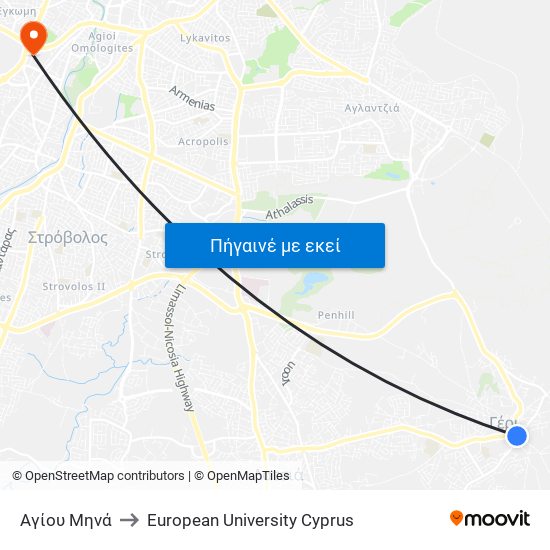 Αγίου Μηνά to European University Cyprus map
