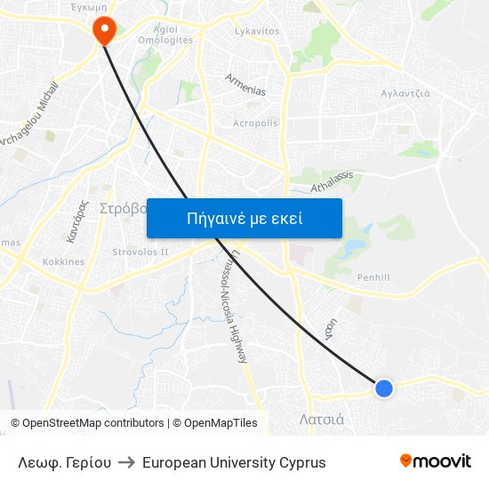 Λεωφ. Γερίου to European University Cyprus map