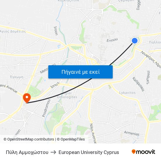 Πύλη Αμμοχώστου to European University Cyprus map