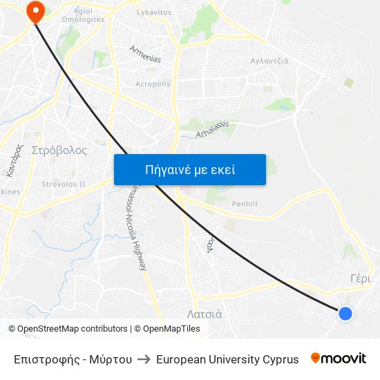 Επιστροφής to European University Cyprus map