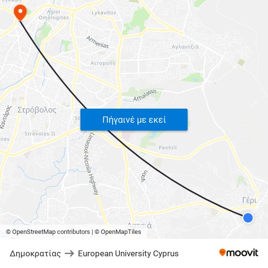 Δημοκρατίας to European University Cyprus map