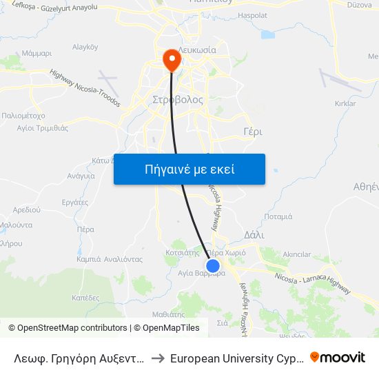 Λεωφ. Γρηγόρη Αυξεντίου to European University Cyprus map