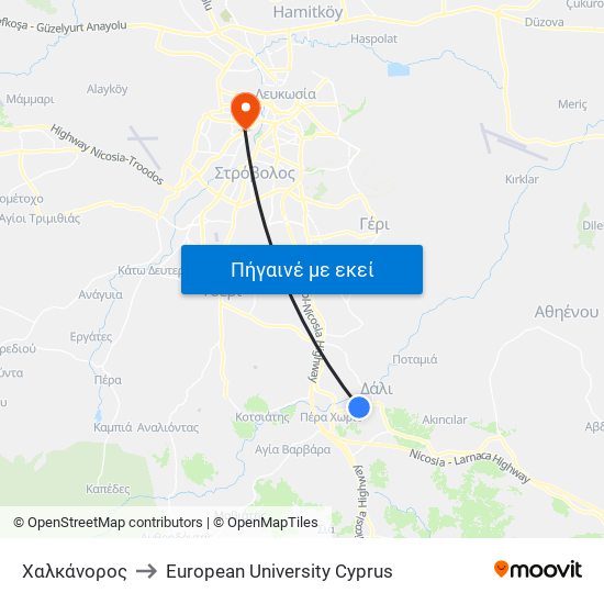 Χαλκάνορος to European University Cyprus map