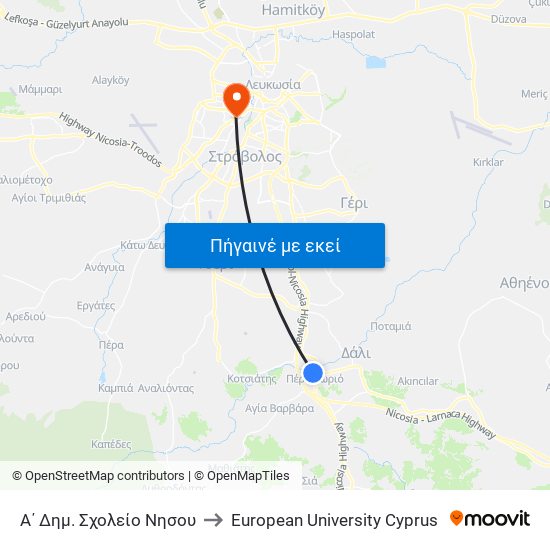 Α΄ Δημ. Σχολείο Νησου to European University Cyprus map