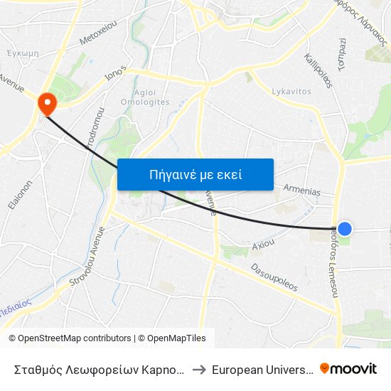 Σταθμός Λεωφορείων Kapnos Airport Shuttle to European University Cyprus map