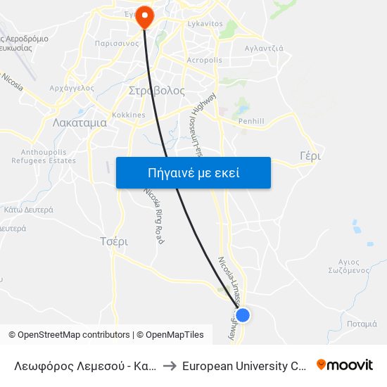 Λεωφόρος Λεμεσού - Καραβά to European University Cyprus map