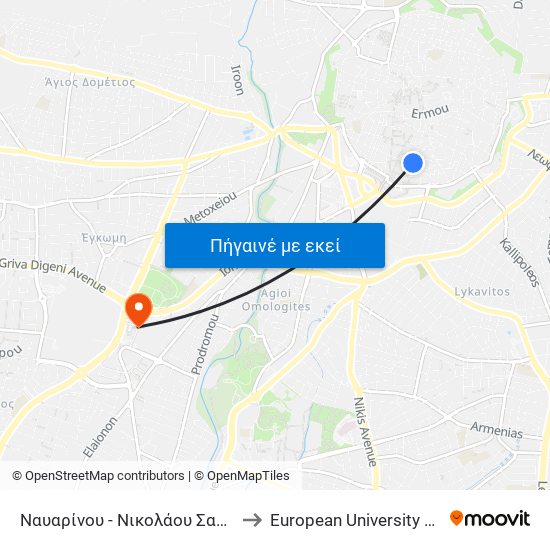 Ναυαρίνου - Νικολάου Σαριπόλου to European University Cyprus map