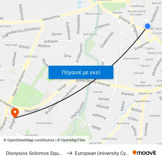 Dionysios Solomos Square A to European University Cyprus map