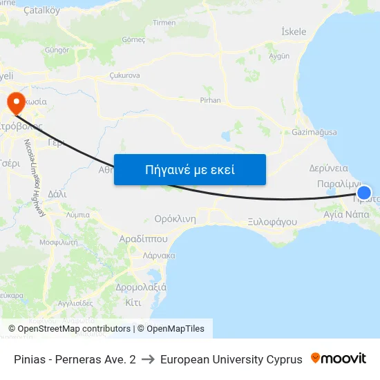 Pinias - Perneras Ave. 2 to European University Cyprus map