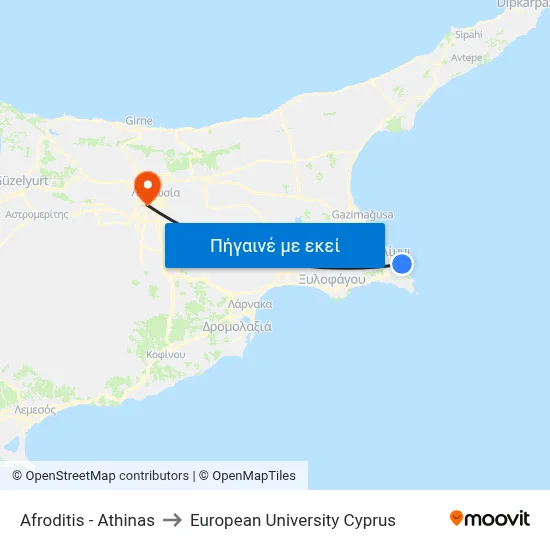 Afroditis - Athinas to European University Cyprus map