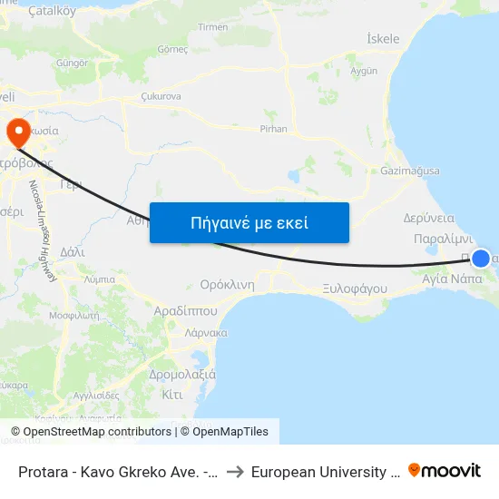 Protara - Kavo Gkreko Ave. - 7th Stop to European University Cyprus map