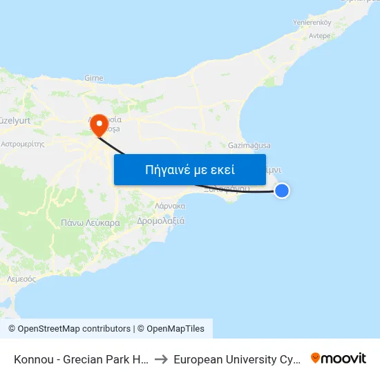 Konnou - Grecian Park Hotel to European University Cyprus map