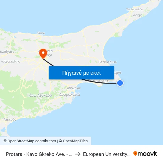 Protara - Kavo Gkreko Ave. - 21th Stop to European University Cyprus map