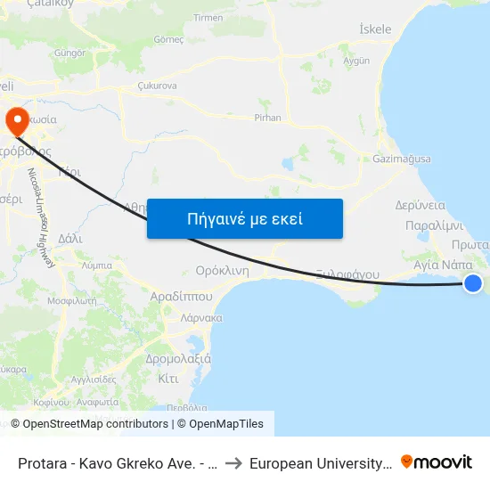 Protara - Kavo Gkreko Ave. - 26th Stop to European University Cyprus map