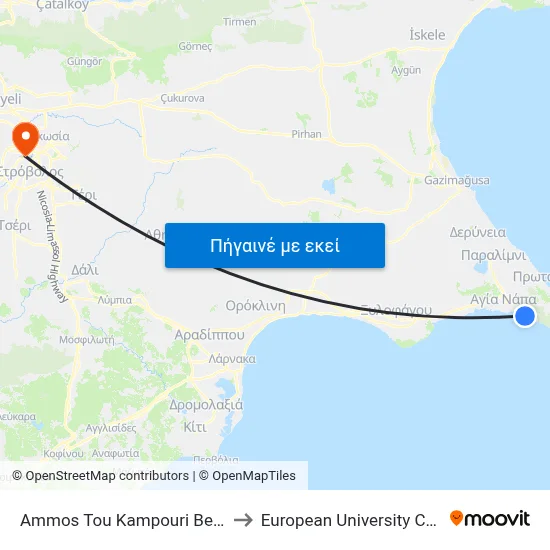 Ammos Tou Kampouri Beach to European University Cyprus map