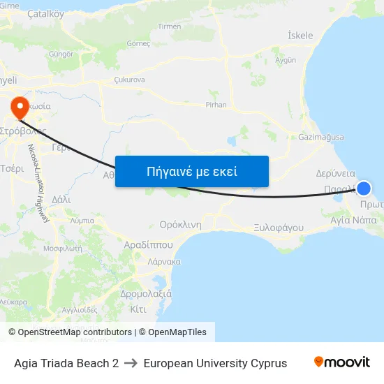 Ag. Triada Beach to European University Cyprus map