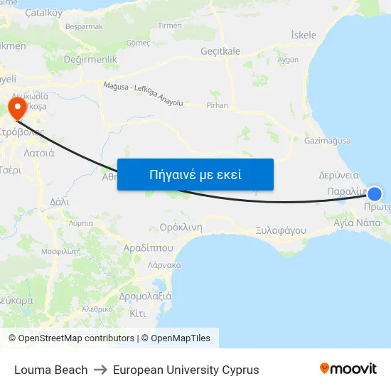 Louma Beach to European University Cyprus map