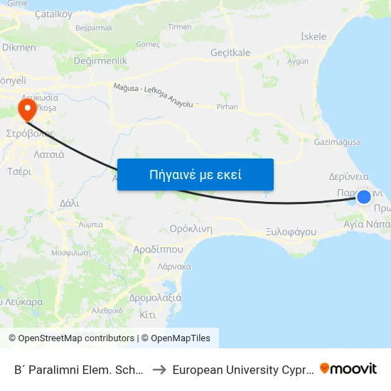 B´ Paralimni Elem. School to European University Cyprus map