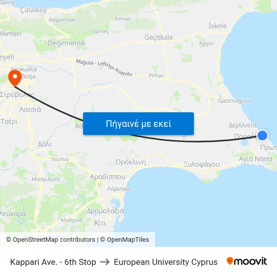 Kappari Ave. - 6th Stop to European University Cyprus map