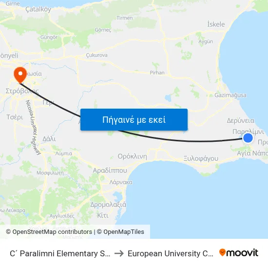 C´ Paralimni Elem. School to European University Cyprus map