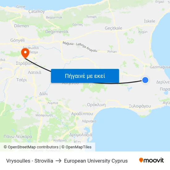 Vrysoulles - Strovilia to European University Cyprus map