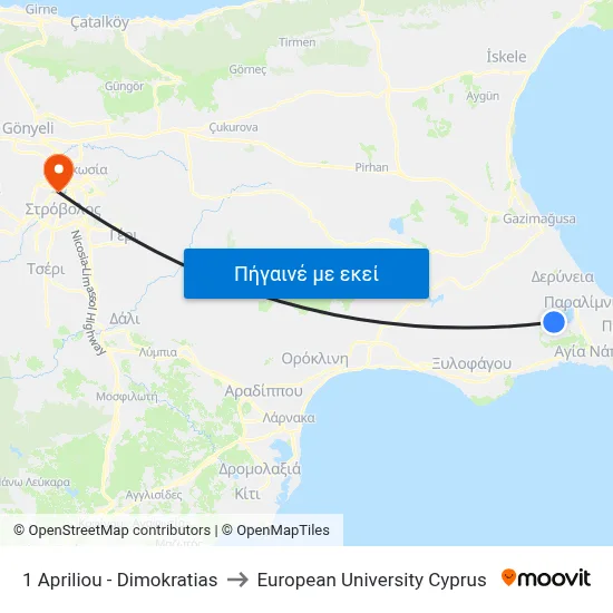 1 Apriliou - Dimokratias to European University Cyprus map
