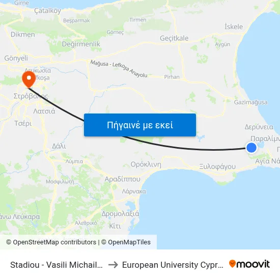 Stadiou - Vasili Michailidi to European University Cyprus map