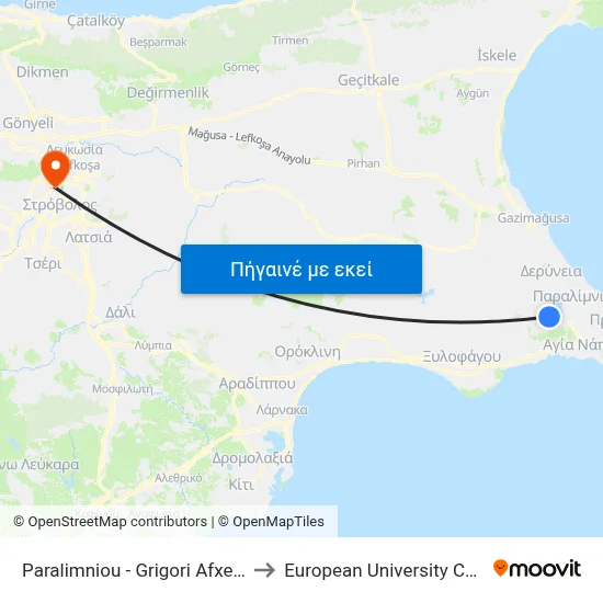 Paralimniou - Grigori Afxentiou to European University Cyprus map
