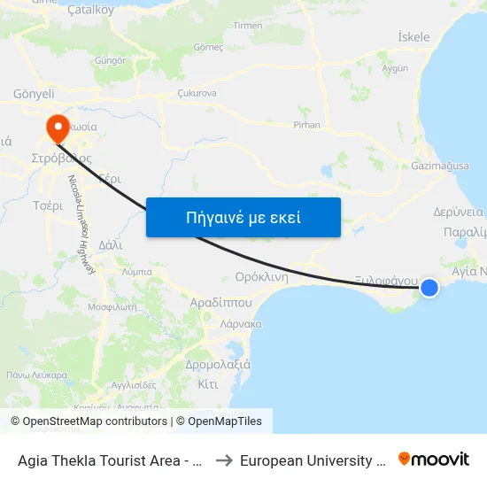 Agia Thekla Tourist Area - 6th Stop to European University Cyprus map