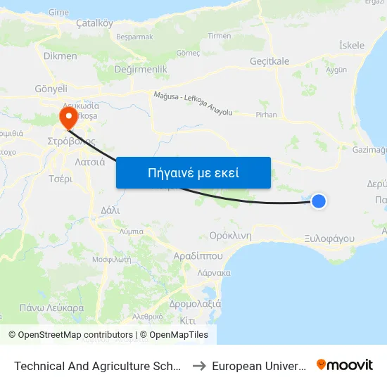 Technical And Agriculture School Of Famagusta to European University Cyprus map